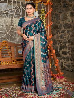 EXCLUSIVA - Teal Handloom Silk Saree with Unstitched Blouse
