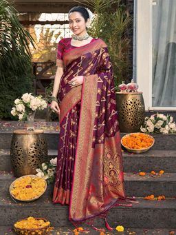 EXCLUSIVA - Wine Handloom Silk Saree with Unstitched Blouse