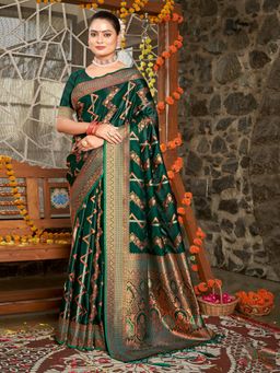 EXCLUSIVA - Green Handloom Silk Saree with Unstitched Blouse