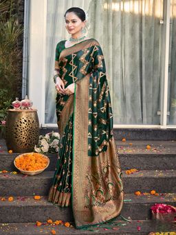 EXCLUSIVA - Dark Green Handloom Silk Saree with Unstitched Blouse
