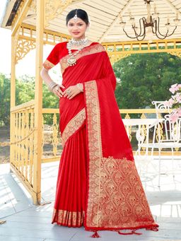 EXCLUSIVA - Red Handloom Silk Saree with Unstitched Blouse