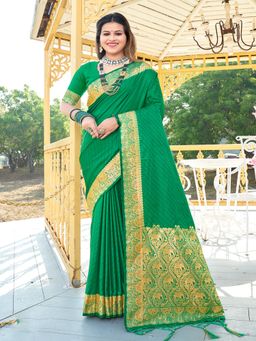 EXCLUSIVA - Dark Green Handloom Silk Saree with Unstitched Blouse