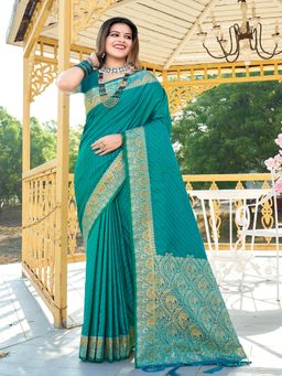 EXCLUSIVA - Teal Handloom Silk Saree with Unstitched Blouse