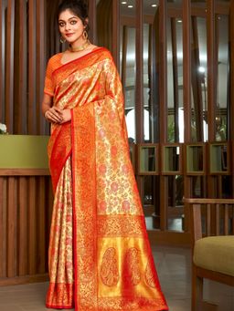 EXCLUSIVA - Red Handloom Silk Saree with Unstitched Blouse