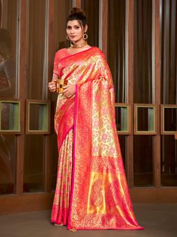 EXCLUSIVA - Pink Handloom Silk Saree with Unstitched Blouse