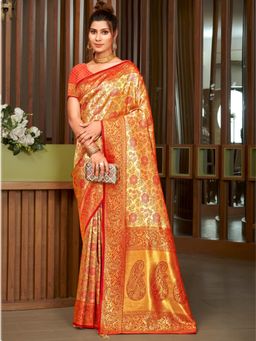 EXCLUSIVA - Red Handloom Silk Saree with Unstitched Blouse