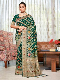 EXCLUSIVA - Dark Green Handloom Silk Saree with Unstitched Blouse