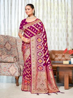 EXCLUSIVA - Purple Handloom Silk Saree with Unstitched Blouse