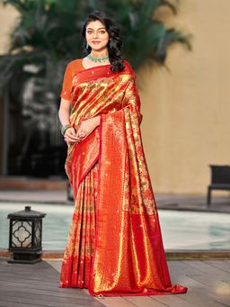 EXCLUSIVA - Red Handloom Silk Saree with Unstitched Blouse