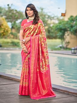 EXCLUSIVA - Pink Handloom Silk Saree with Unstitched Blouse