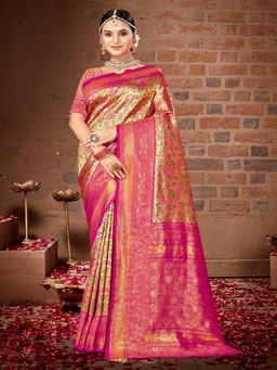 EXCLUSIVA - Pink Handloom Silk Saree with Unstitched Blouse
