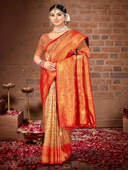 EXCLUSIVA - Red Handloom Silk Saree with Unstitched Blouse