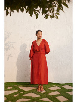 Five Thirty Somewhere - Orange Mayfair Brick Linen Silk Maxi Dress