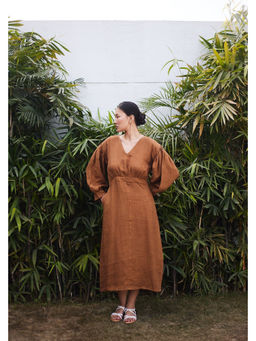 Five Thirty Somewhere - Brown Mayfair Linen Midi Full Sleeves Dress