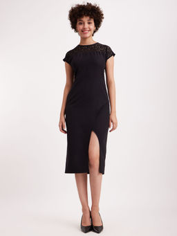 FableStreet - Drop Shoulder Lace Black Dress