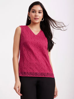 FableStreet - V Neck Lace Top Pink