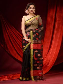 CHARUKRITI - Black Muslin Handwoven Woven Motifs and Zari Borders Saree with Unstitched Blouse