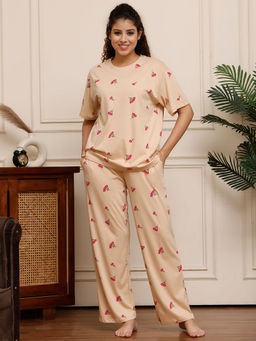 Kanvin - Beige Floral Printed Modal Top and Pyjama (Set of 2)
