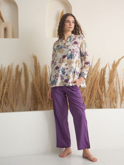 SAY - Purple Pure Cotton Floral Printed Top and Pyjama (Set of 2)