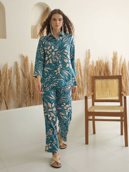 SAY - Blue Viscose Rayon Floral Printed Shirt and Pyjama (Set of 2)