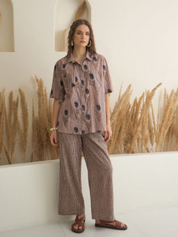 SAY - Brown Pure Cotton Floral Printed Shirt and Pyjama (Set of 2)