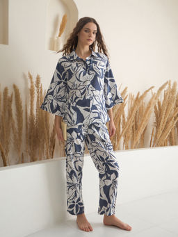 SANSKRUTIHOMES - Navy Blue Viscose Rayon Floral Printed Shirt and Pyjama (Set of 2)