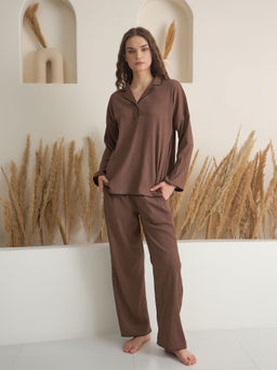 SANSKRUTIHOMES - Brown Viscose Rayon Textured Top and Pyjama (Set of 2)