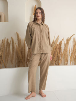 SAY - Beige Pure Cotton Solid Shirt and Pyjama (Set of 2)