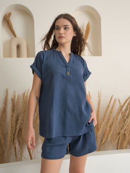 SAY - Navy Blue Pure Cotton Solid Top and Shorts (Set of 2)