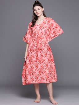 Libas - Pink Cotton Printed Kaftan Night Dress
