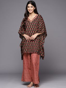 Libas - Black Cotton Floral Printed Kaftan Style Night Suit (Set of 2)