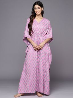 Libas - Lavender Cotton All-Over Floral Kaftan Printed Night Dress