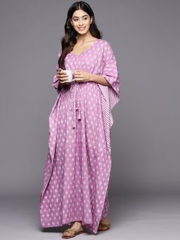 Libas - Lavender Cotton Floral Printed with Front Tie-Up Detail Kaftan Dress