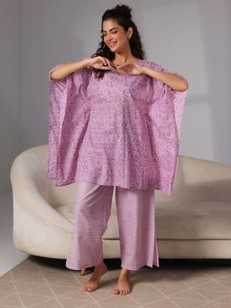 Libas - Purple Floral Printed Kaftan with Kimono Sleeves and Chevron Printed Pyjama (Set of 2)