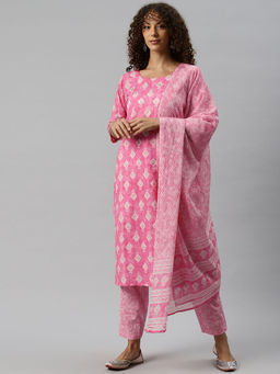 Readiprint - Straight Style Cotton Pink Kurta and Pant with Dupatta (Set of 3)