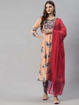 Readiprint - Anarkali Style Rayon Peach Kurta and Pant with Dupatta (Set of 3)