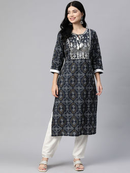 Readiprint - Straight Style Cotton Fabric Navy Blue Color Kurta