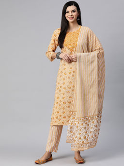 Readiprint - Straight Style Cotton Peach Kurta with Pant and Dupatta (Set of 3)