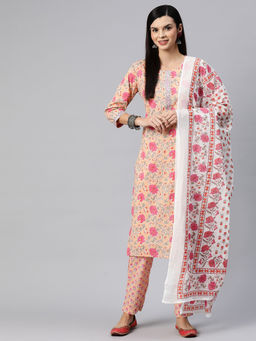 Readiprint - Straight Style Cotton Peach Kurta with Pant and Dupatta (Set of 3)
