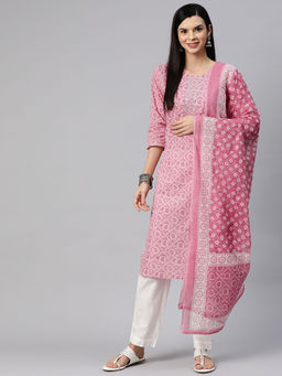 Readiprint - Straight Style Cotton Pink Kurta with Pant and Dupatta (Set of 3)