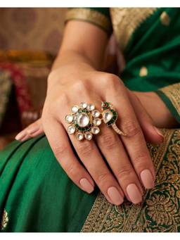 Prestones - White Gulmor Floral Meenakari Peacock Cocktail Ring