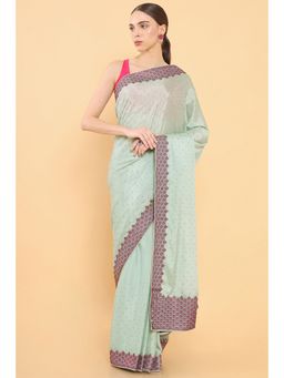Soch - Women Blue Silk Embroidered Saree with Unstitched Blouse