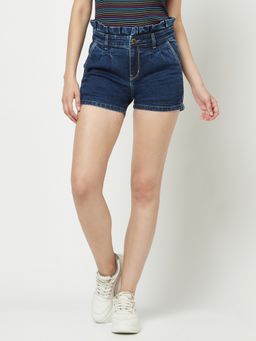 CRIMSOUNE CLUB - Women Navy Blue Denim High Waisted Shorts
