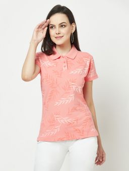 CRIMSOUNE CLUB - Women Coral Floral Polo T-Shirt