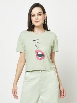CRIMSOUNE CLUB - Women Green Graphic Cropped T-Shirt