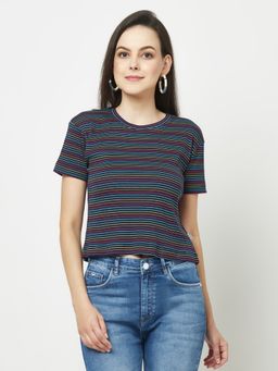 CRIMSOUNE CLUB - Women Dark Rainbow Striped T-Shirt