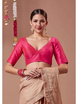 SALWAR STUDIO - Silk Plunging Neck Readymade Padded Half Sleeve Blouse