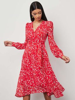 Styli - Red Ditsy Print Self Tie Belt A-line Midi Dress (Set of 2)
