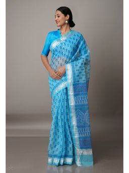 Unnati Silks - Blue Pure Block Printed Kota Cotton Saree with Unstitched Blouse