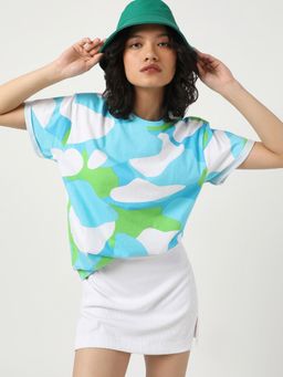 Bewakoof - Women's Blue & White Camo Boyfriend T-shirt